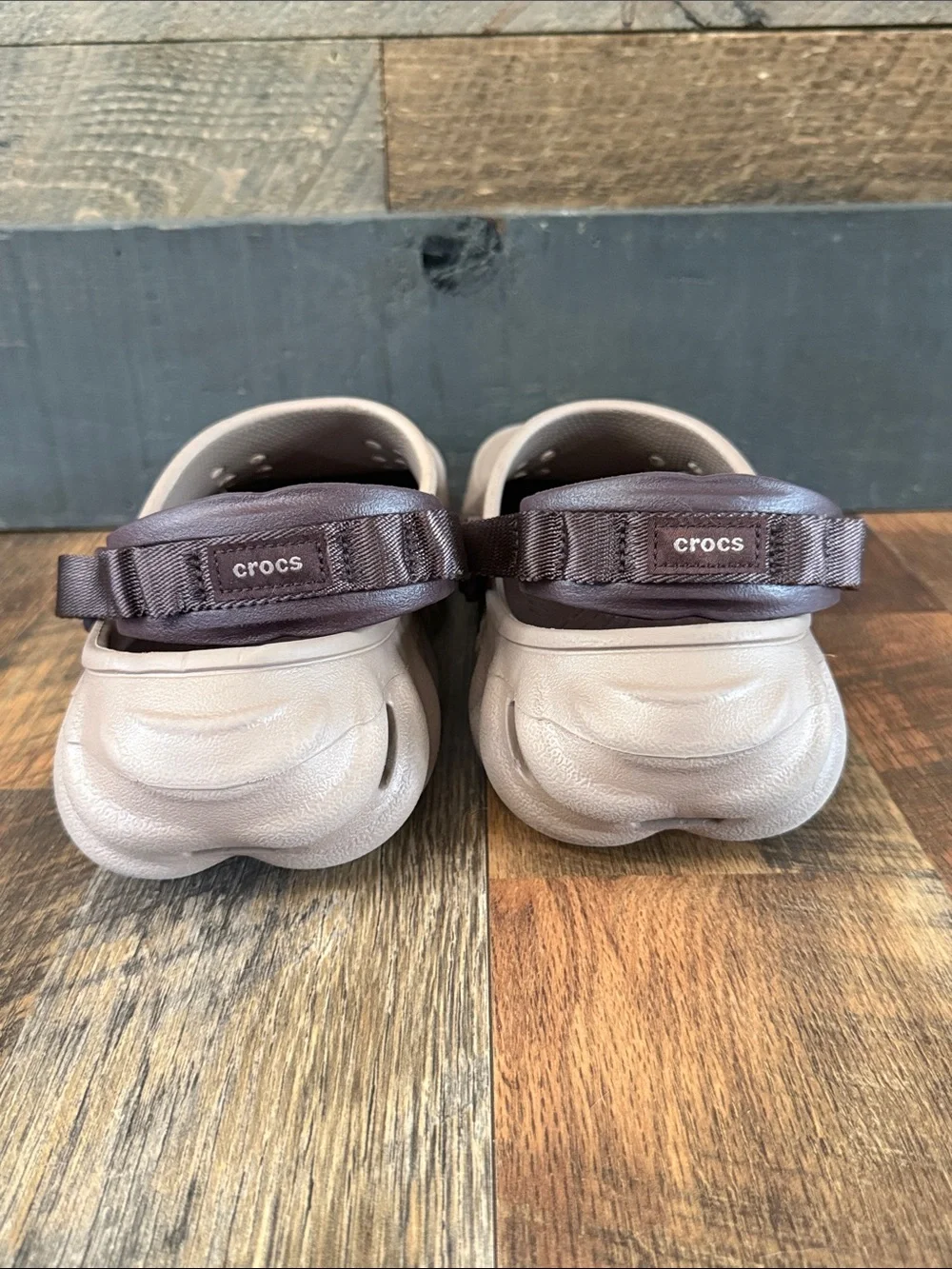 CROCS Slip-On Clogs in Taupe with Dark Brown Strap. Run a little big.
